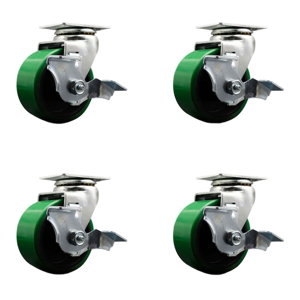 4 Inch Green Poly on Cast Iron Swivel Caster Set with Roller Bearings and Brakes